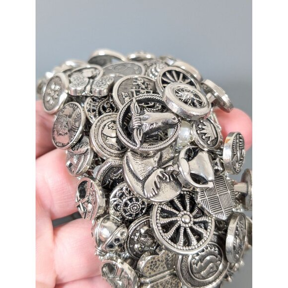 Vintage Silver Tone Button Cluster Wide Stretch Bracelet 6.5" - Picture 3 of 9